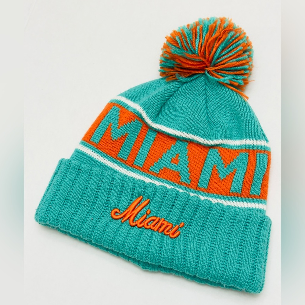 Miami Dolphins Heritage Stripe Retro Logo Pom Beanie Hat One Size!